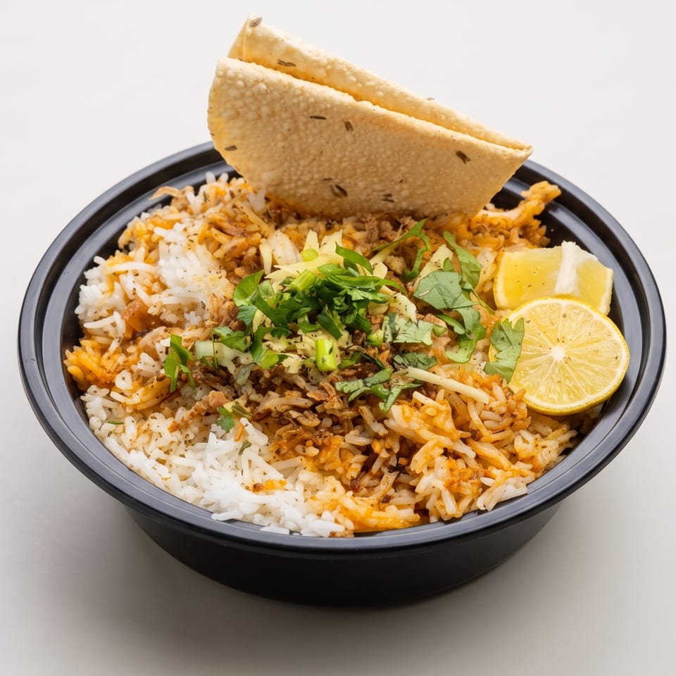Bowl of spiced rice topped with herbs, crispy onions, lemon wedges, and two toasted pita pieces.