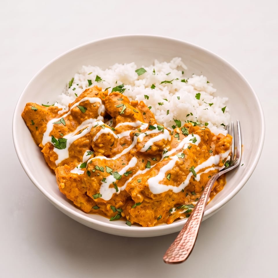Bowl of creamy orange curry with white rice, drizzled yogurt, and chopped herbs, served with a spoon.