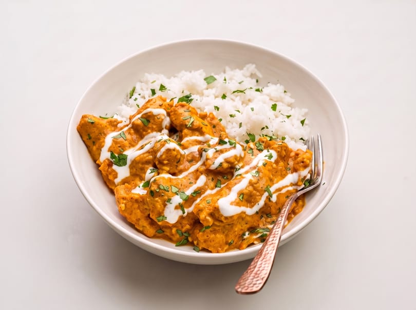 A white bowl filled with butter chicken, white rice, cilantro, and a copper fork.
