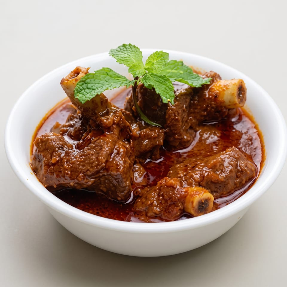 Bowl of braised meat and bones in glossy reddish-brown sauce, garnished with fresh mint leaves.