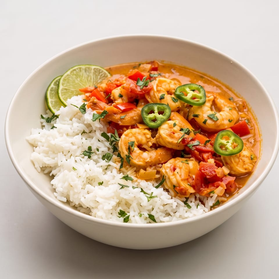 Bowl of shrimp in spicy tomato sauce served with white rice, lime slices, jalapeños, red peppers, and cilantro.
