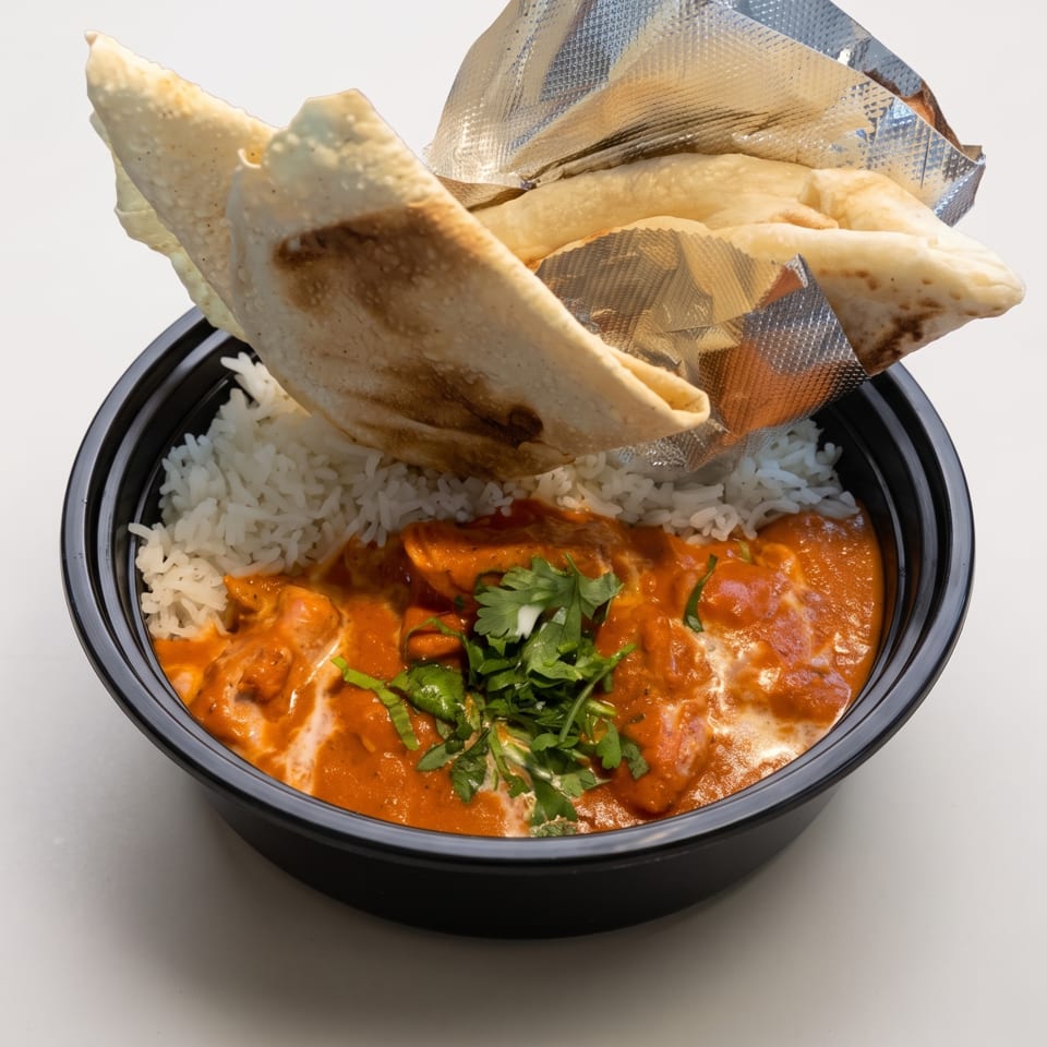 Black bowl of creamy orange chicken curry with white rice, naan bread, and fresh cilantro garnish.