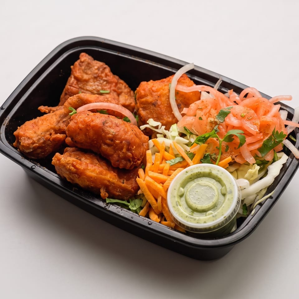 Black takeaway tray filled with fried chicken, shredded salad, pickled onions, herbs, carrots, and green dipping sauce.