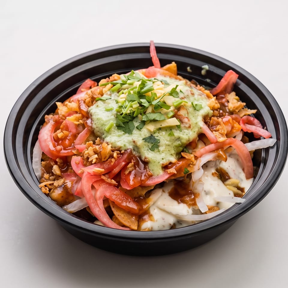 Loaded bowl of crispy fries topped with tomatoes, pickled onions, white and green sauces, crunchy bits, and fresh herbs.