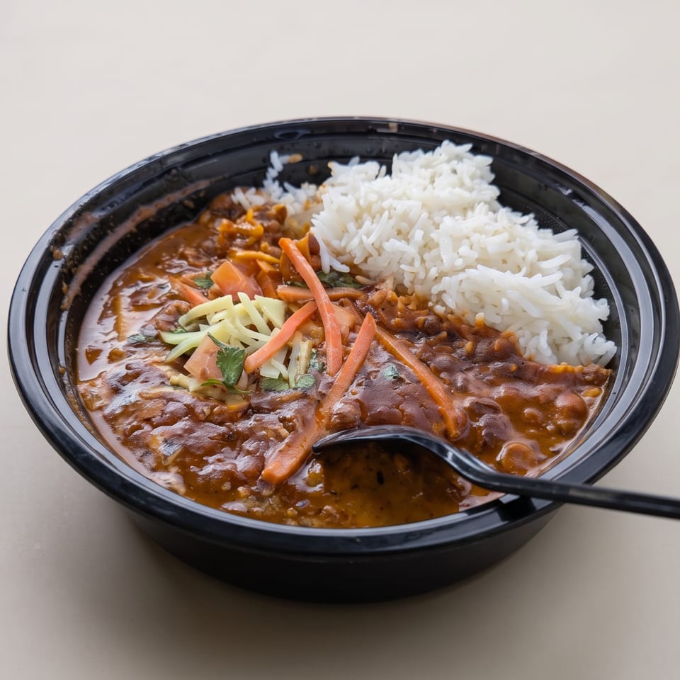 Black bowl of rich bean stew topped with white rice, shredded carrots, and herbs, served with a black spoon.